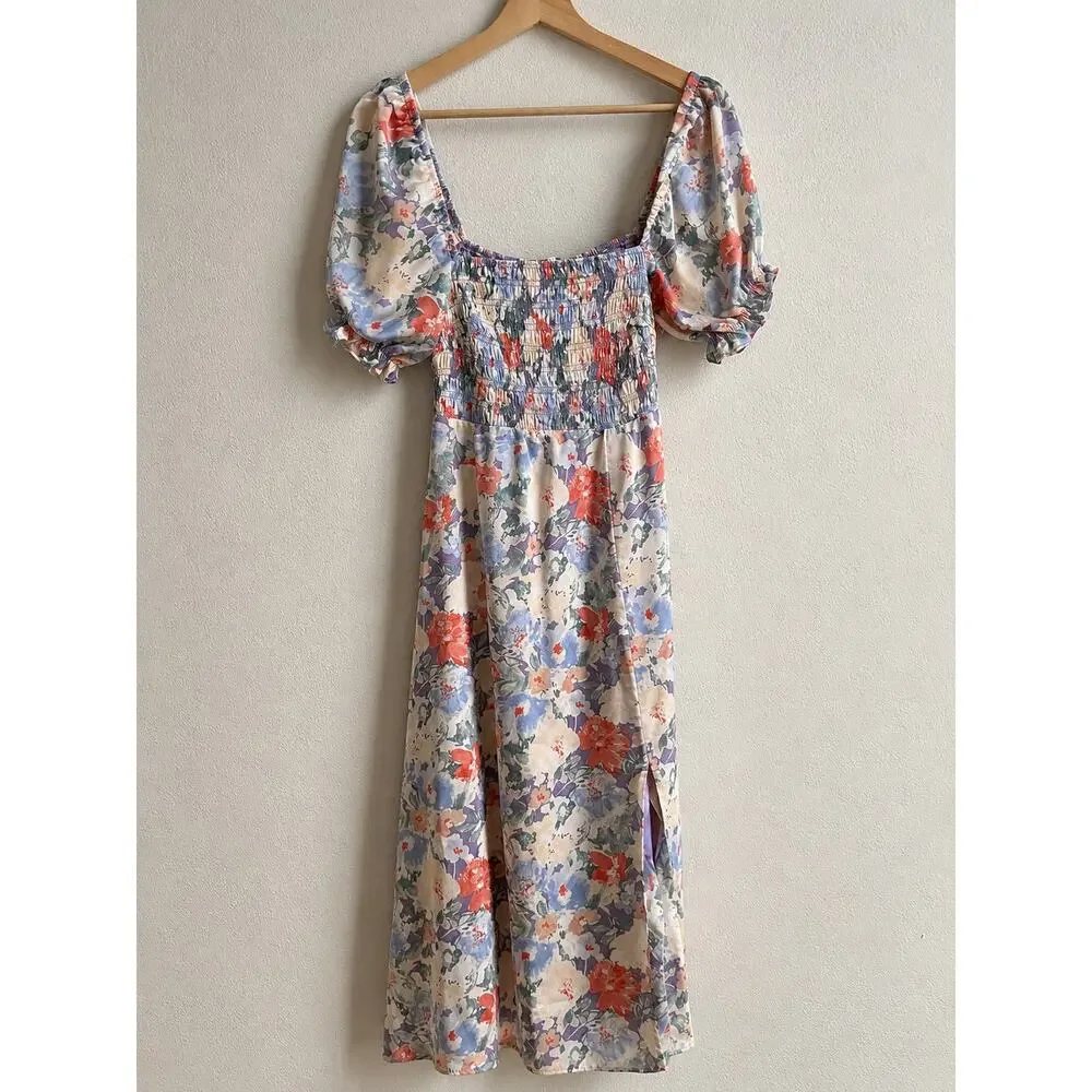 ASTR The Label Floral Smocked Puff Sleeve Cottagecore Midi Dress Small Romantic - Picture 5 of 10